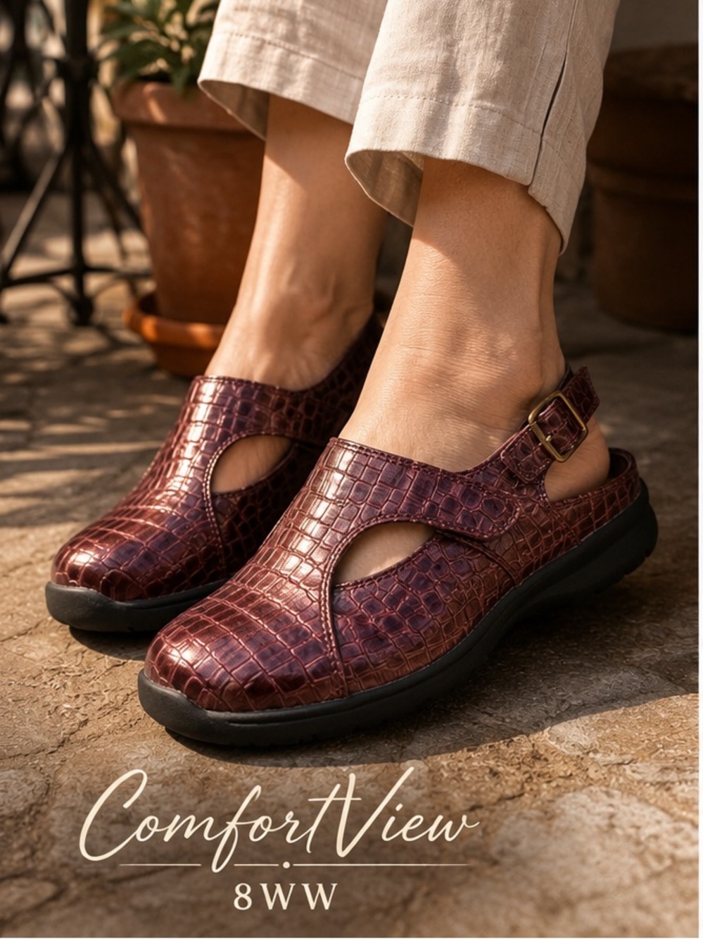 ComfortView Maroon Croc Embossed Comfort Flats 8WW Wide Slingback Shoes